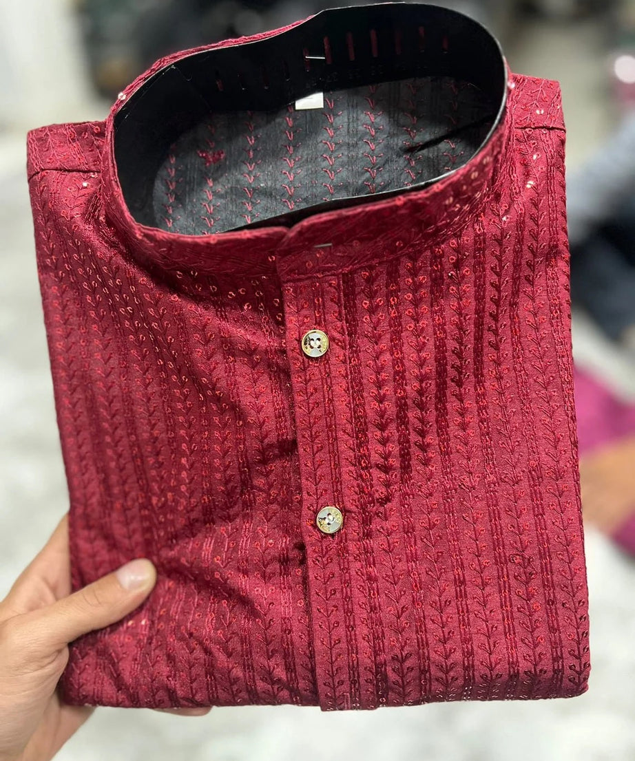 Heavy Banglori Silk With Embroidery Sequence Work Kurta Pajama Set