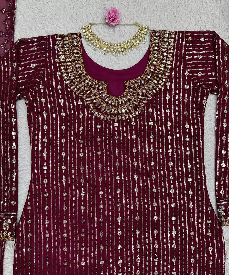 Georgette Function Style Top Pant With Dupatta Set