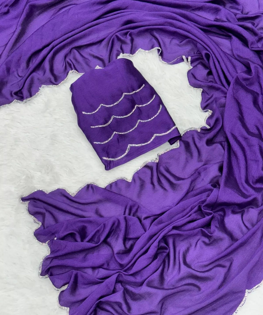 Soft Rich Elegant Chinon With Stone Bead Work Saree & Blouse