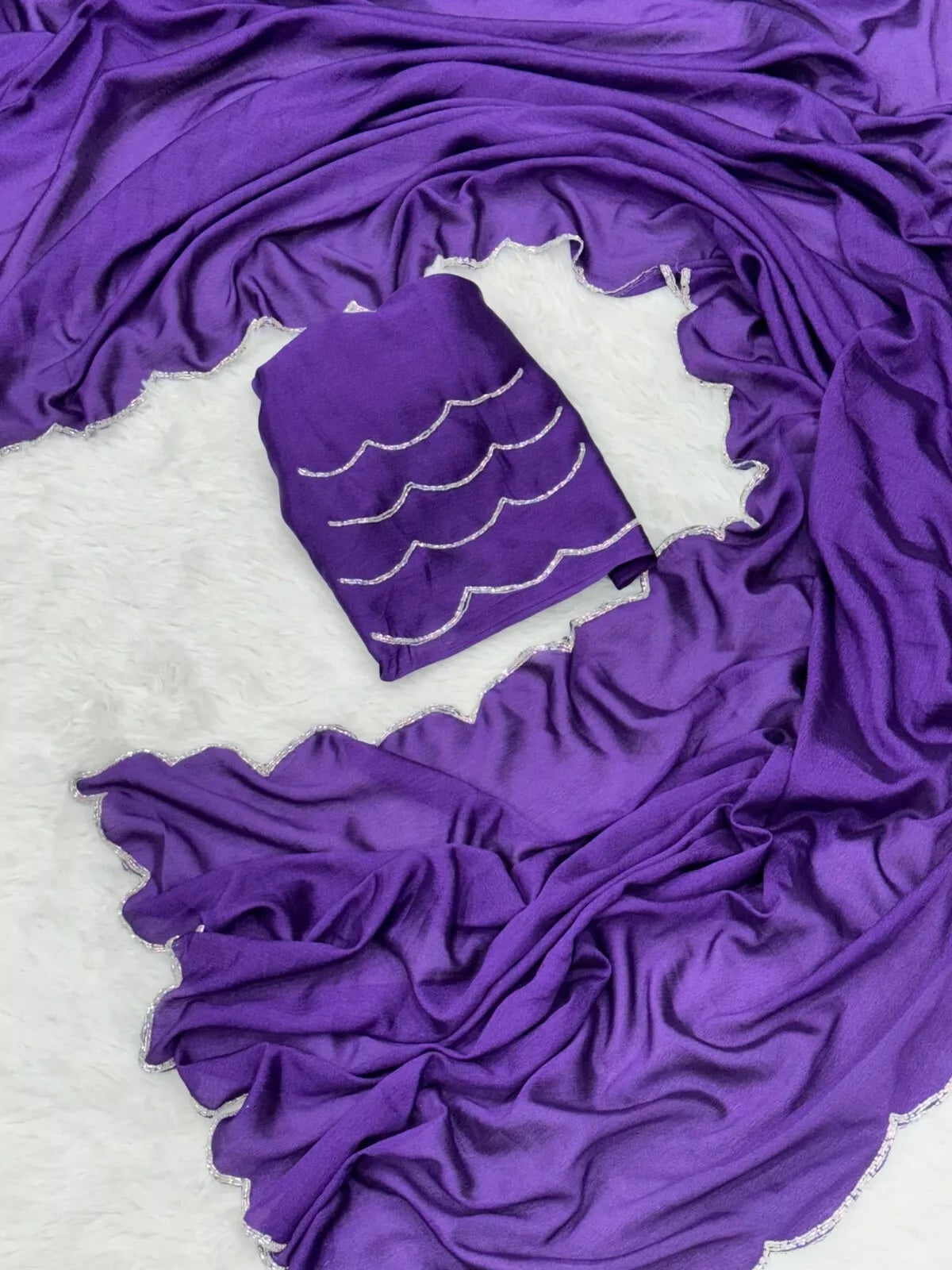 Soft Rich Elegant Chinon With Stone Bead Work Saree & Blouse