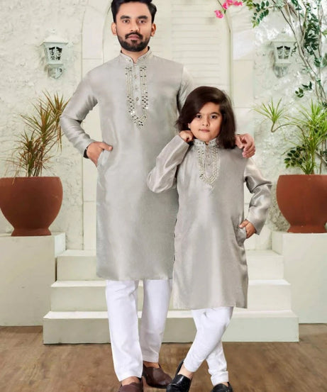 Silk Kurta Pajama Set For Men's & Kid's Combo Set