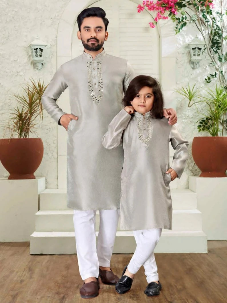Silk Kurta Pajama Set For Men's & Kid's Combo Set