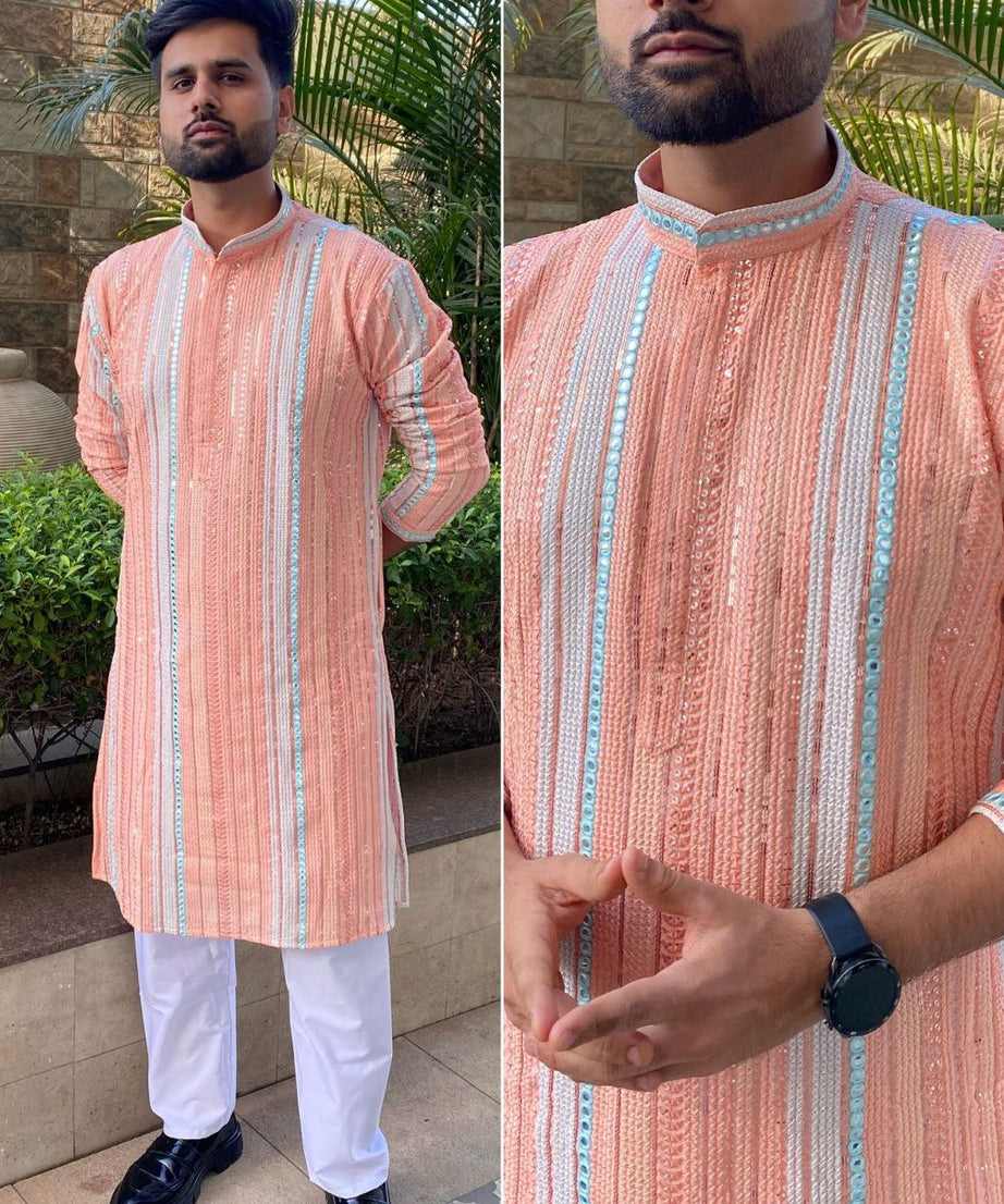 Men\s Heavy Georgette With Heavy Embroidery Work Kurta Pajama Set