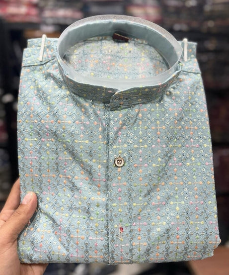 Men's Heavy Banglori Silk With Embroidery Sequence Work Kurta Pajama Set