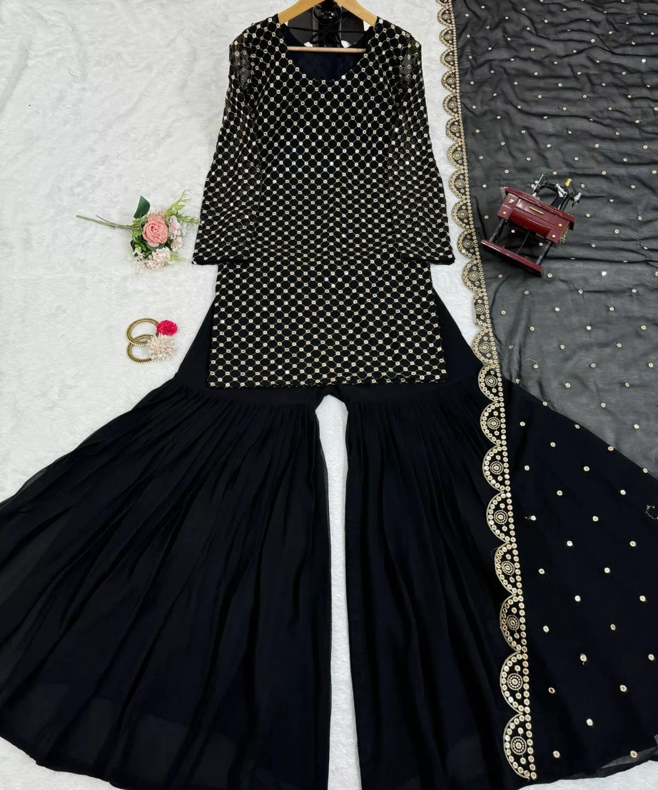 Georgette With Sequence Work  Pakistani Top Sharara Dupatta