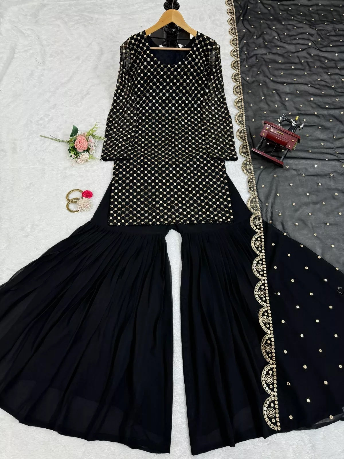 Georgette With Sequence Work  Pakistani Top Sharara Dupatta