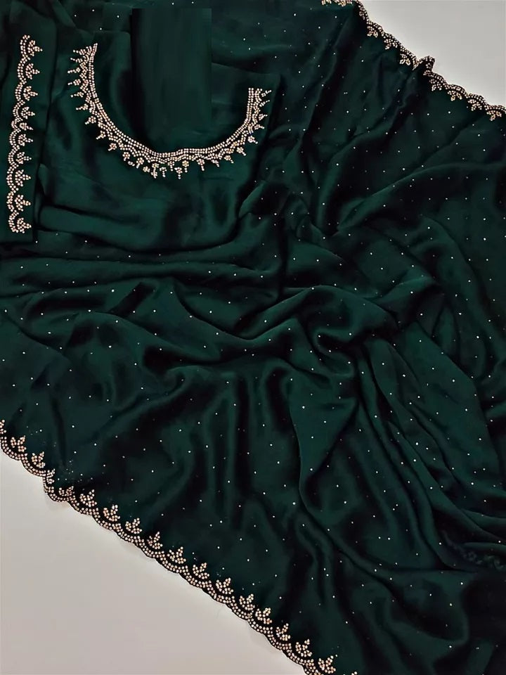 Traditional Wedding Pure Soft Satin Chiffon Saree,Stylish Sari And Blouse