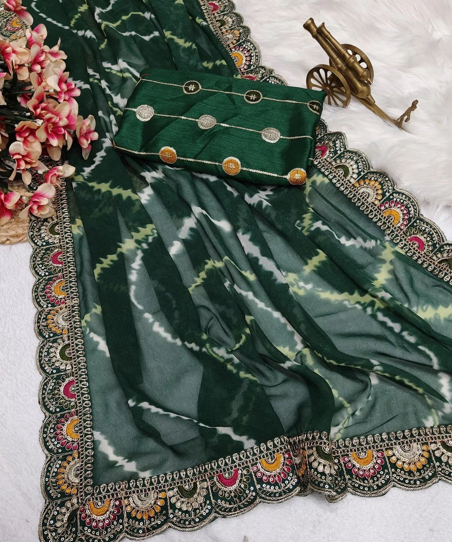 Soft Georgette Sari With Bhandhej Print And Designer Sari & Blouse