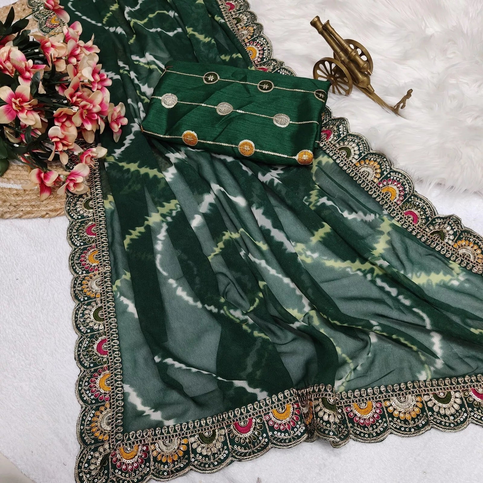 Soft Georgette Sari With Bhandhej Print And Designer Sari & Blouse