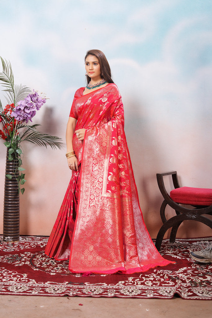 Soft Silk Sari With Banarasi Zari Work Traditional Wear Saree With Blouse