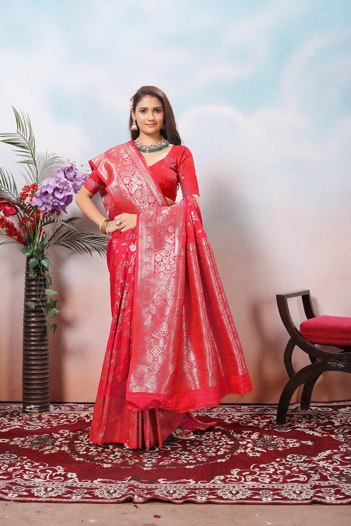 Soft Silk Sari With Banarasi Zari Work Traditional Wear Saree With Blouse