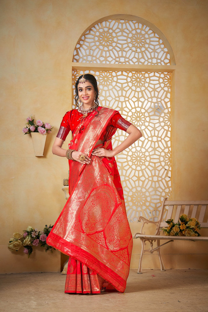 Soft Silk Saree Weaving Banarasi Jari Work Sari With Blouse