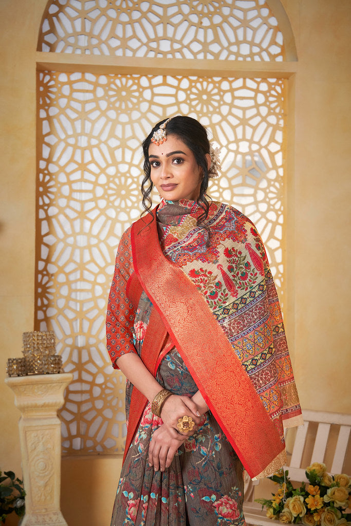 Colourful Pure Linen Saree With Digital Print Saree With Blouse