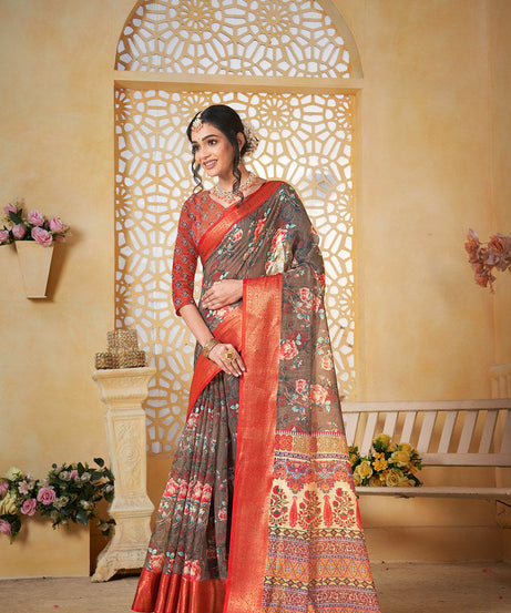 Colourful Pure Linen Saree With Digital Print Saree With Blouse