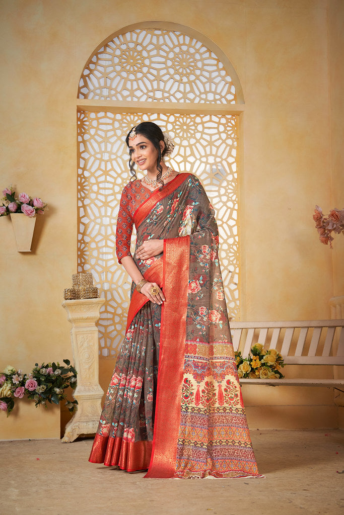 Colourful Pure Linen Saree With Digital Print Saree With Blouse