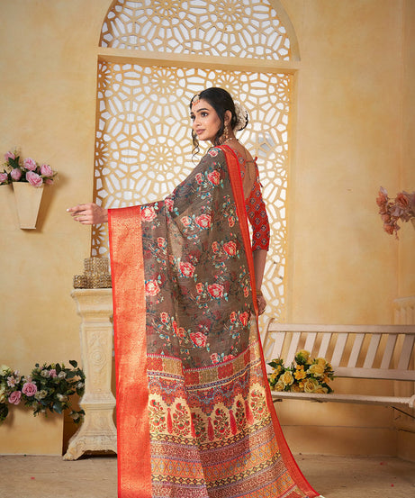 Colourful Pure Linen Saree With Digital Print Saree With Blouse