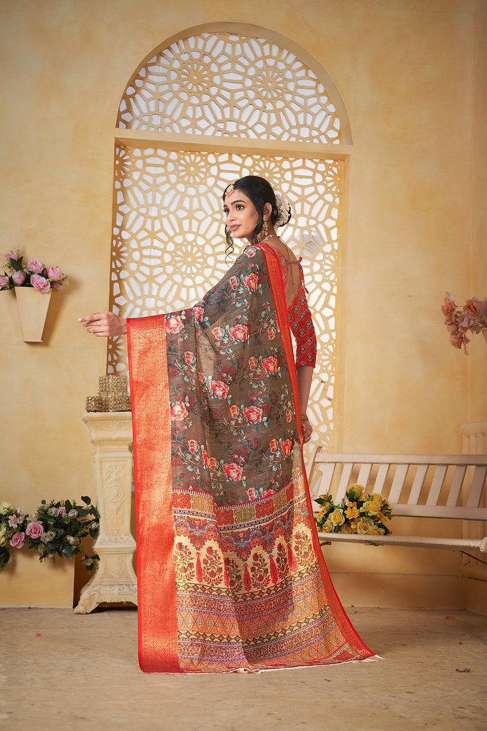 Colourful Pure Linen Saree With Digital Print Saree With Blouse
