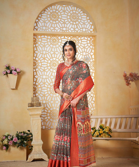 Colourful Pure Linen Saree With Digital Print Saree With Blouse