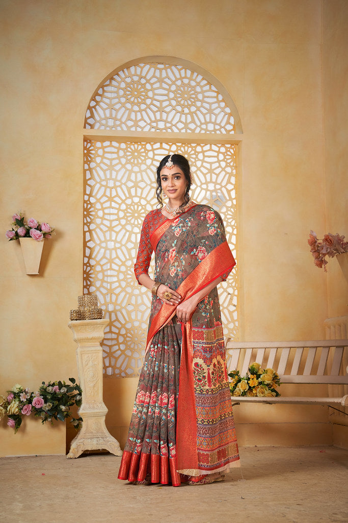 Colourful Pure Linen Saree With Digital Print Saree With Blouse