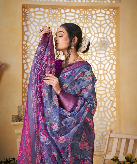 Colourful Pure Linen Saree With Digital Print Saree With Blouse