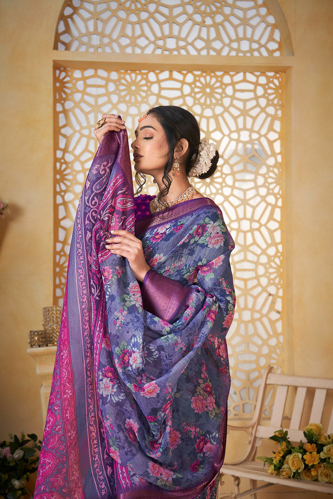 Colourful Pure Linen Saree With Digital Print Saree With Blouse