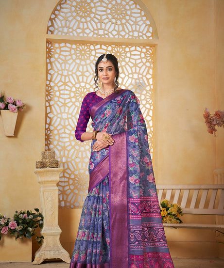 Colourful Pure Linen Saree With Digital Print Saree With Blouse