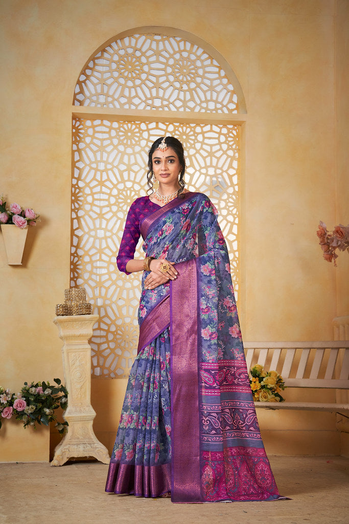 Colourful Pure Linen Saree With Digital Print Saree With Blouse