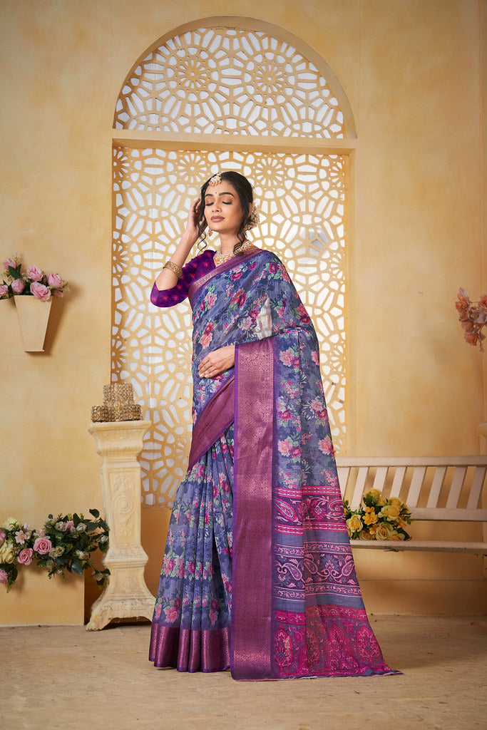 Colourful Pure Linen Saree With Digital Print Saree With Blouse