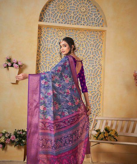 Colourful Pure Linen Saree With Digital Print Saree With Blouse