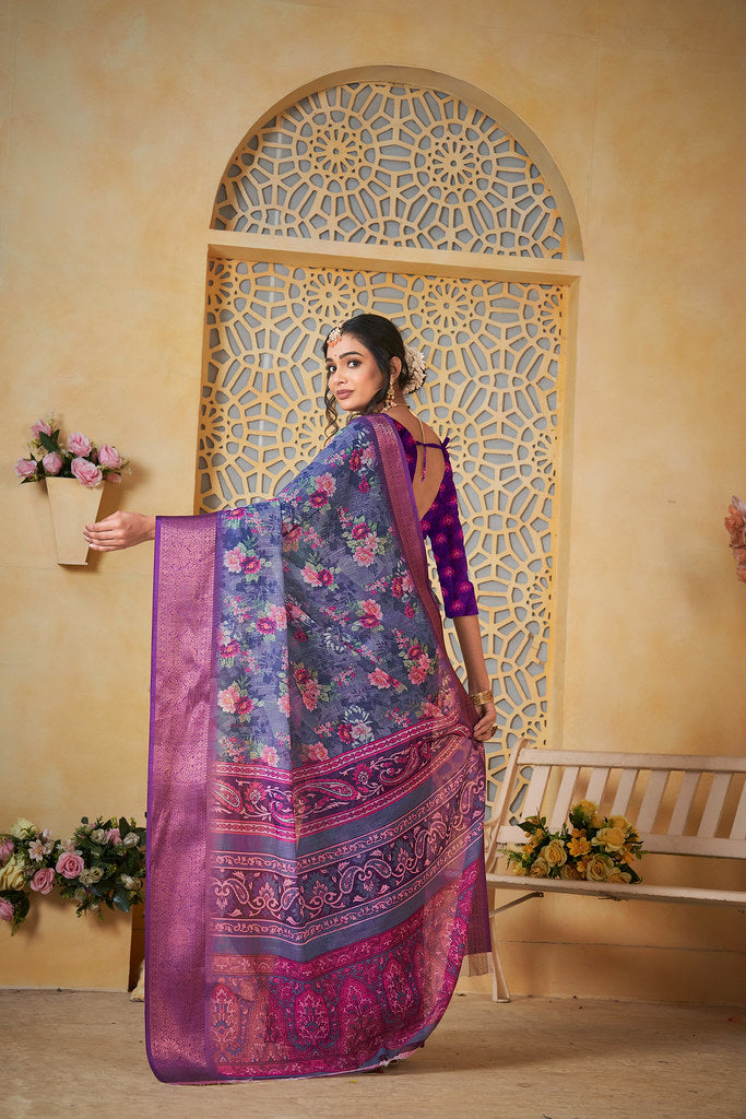 Colourful Pure Linen Saree With Digital Print Saree With Blouse