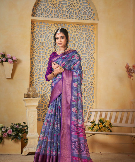 Colourful Pure Linen Saree With Digital Print Saree With Blouse