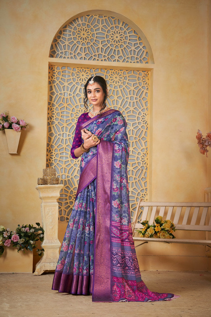 Colourful Pure Linen Saree With Digital Print Saree With Blouse