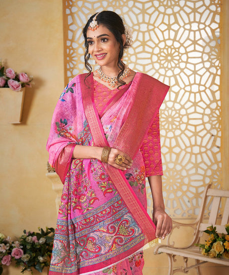 Colourful Pure Linen Saree With Digital Print Saree With Blouse