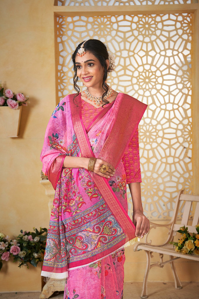 Colourful Pure Linen Saree With Digital Print Saree With Blouse
