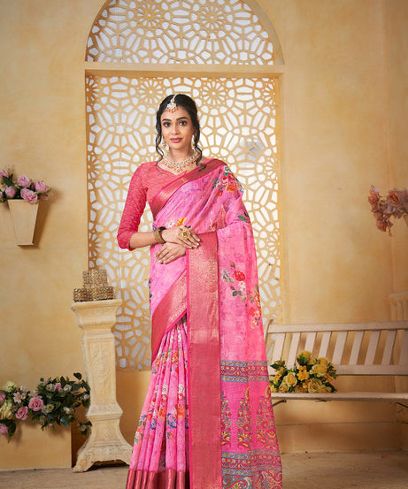 Colourful Pure Linen Saree With Digital Print Saree With Blouse