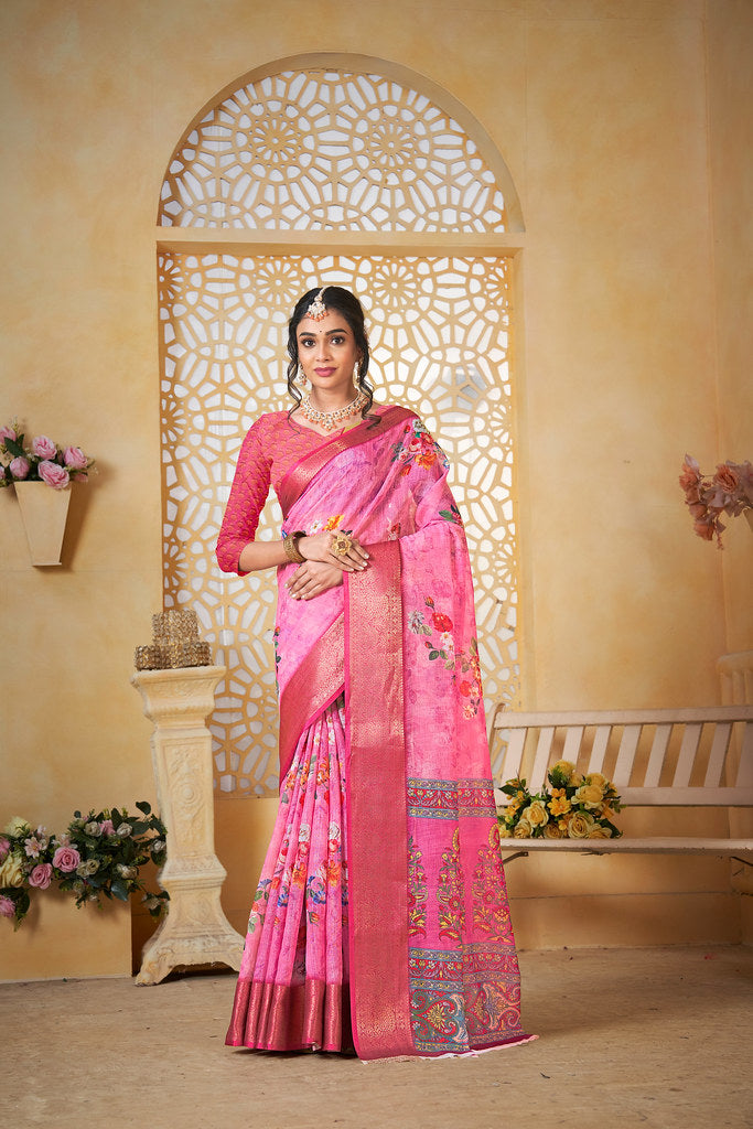 Colourful Pure Linen Saree With Digital Print Saree With Blouse