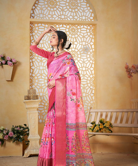 Colourful Pure Linen Saree With Digital Print Saree With Blouse