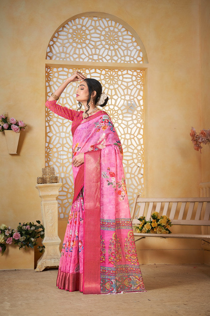Colourful Pure Linen Saree With Digital Print Saree With Blouse