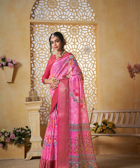 Colourful Pure Linen Saree With Digital Print Saree With Blouse