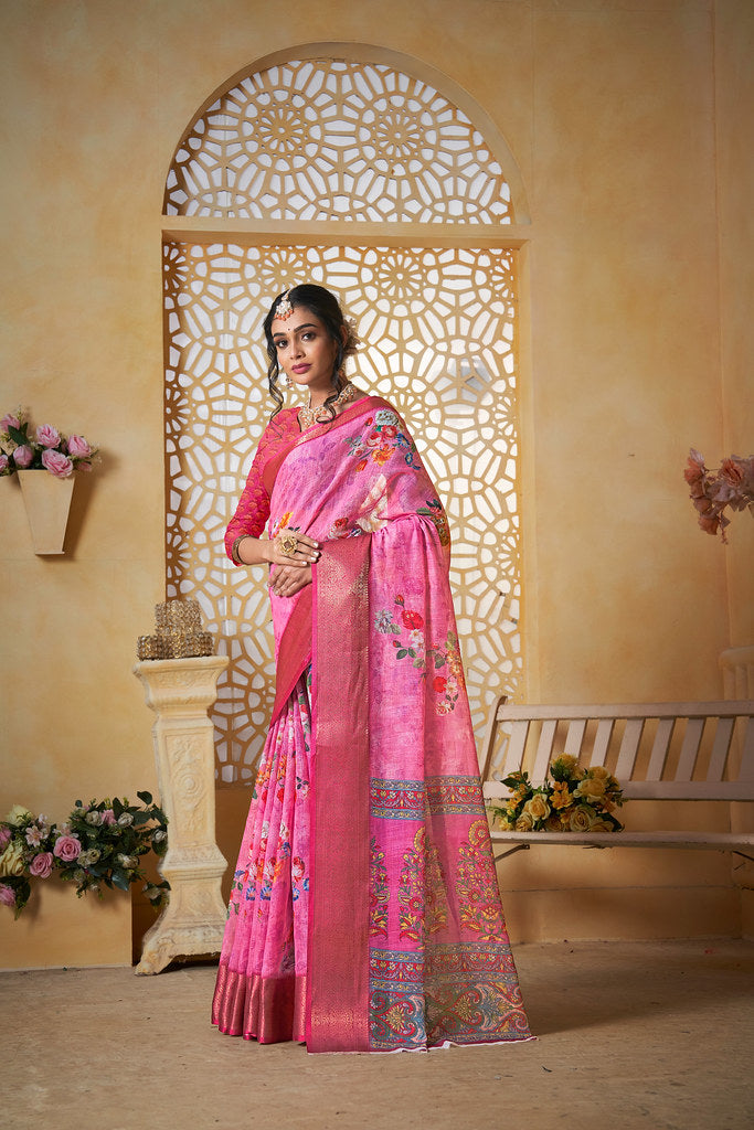 Colourful Pure Linen Saree With Digital Print Saree With Blouse