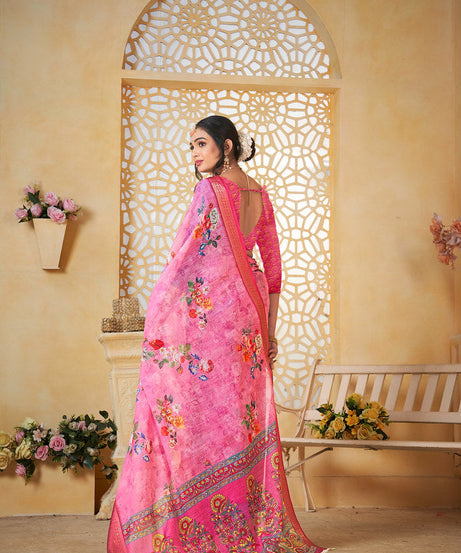 Colourful Pure Linen Saree With Digital Print Saree With Blouse