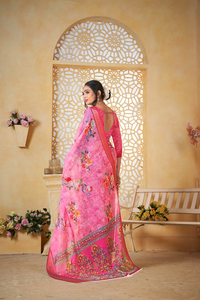 Colourful Pure Linen Saree With Digital Print Saree With Blouse