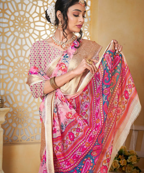 Colourful Pure Linen Saree With Digital Print Saree With Blouse