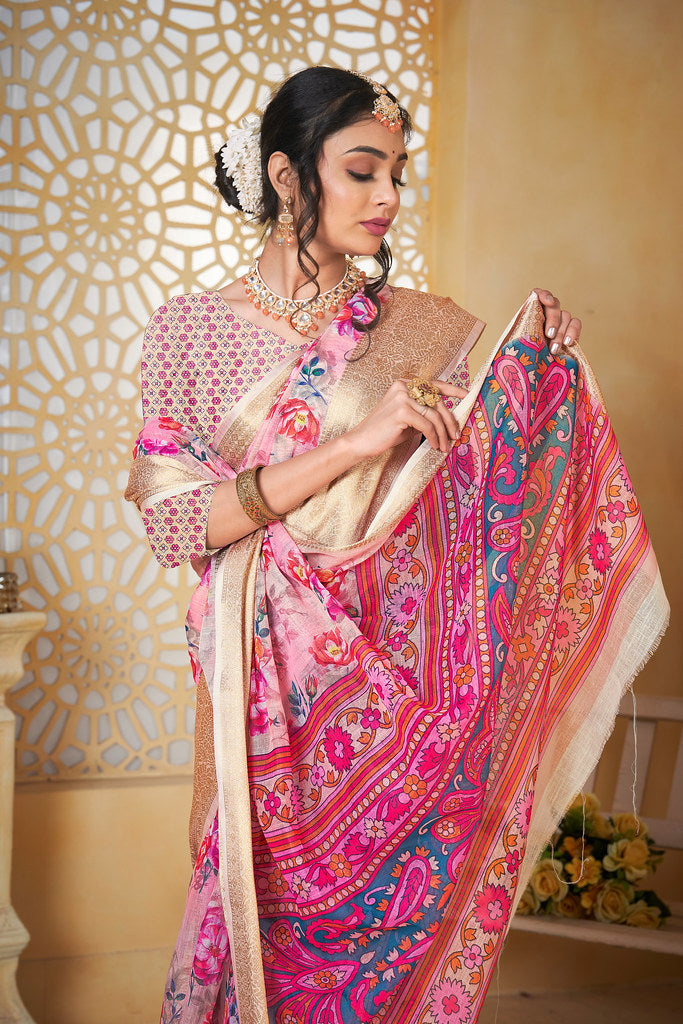 Colourful Pure Linen Saree With Digital Print Saree With Blouse