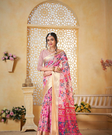 Colourful Pure Linen Saree With Digital Print Saree With Blouse