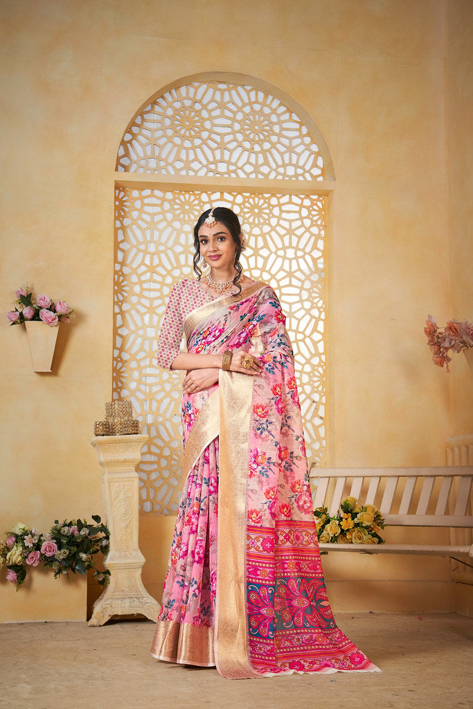 Colourful Pure Linen Saree With Digital Print Saree With Blouse
