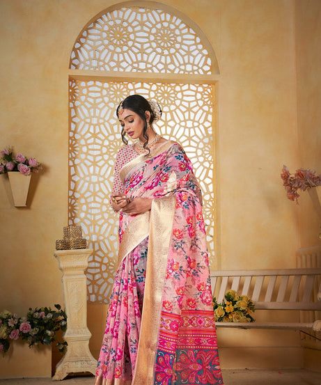 Colourful Pure Linen Saree With Digital Print Saree With Blouse