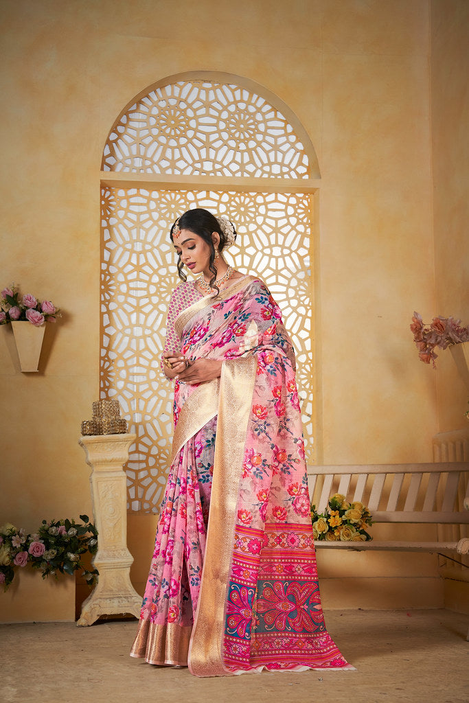 Colourful Pure Linen Saree With Digital Print Saree With Blouse