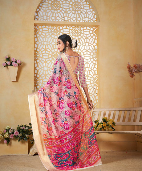 Colourful Pure Linen Saree With Digital Print Saree With Blouse