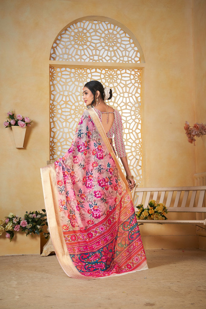 Colourful Pure Linen Saree With Digital Print Saree With Blouse